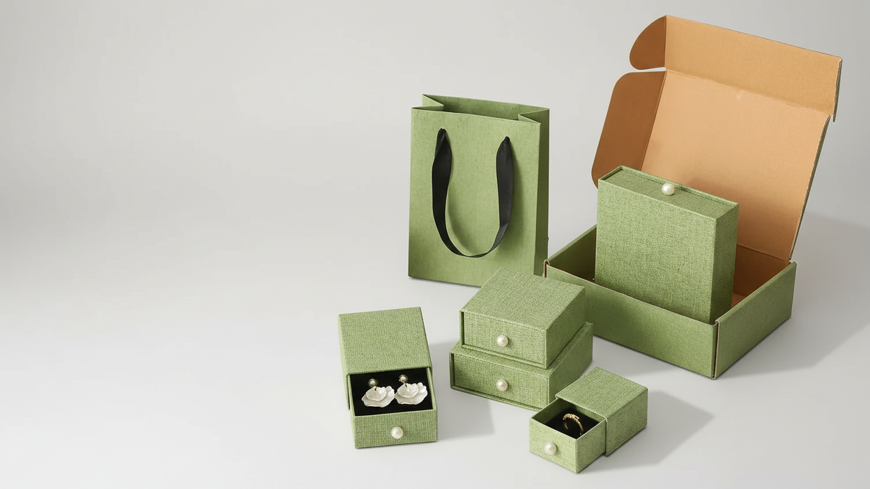 Set of green jewelry boxes with a white background