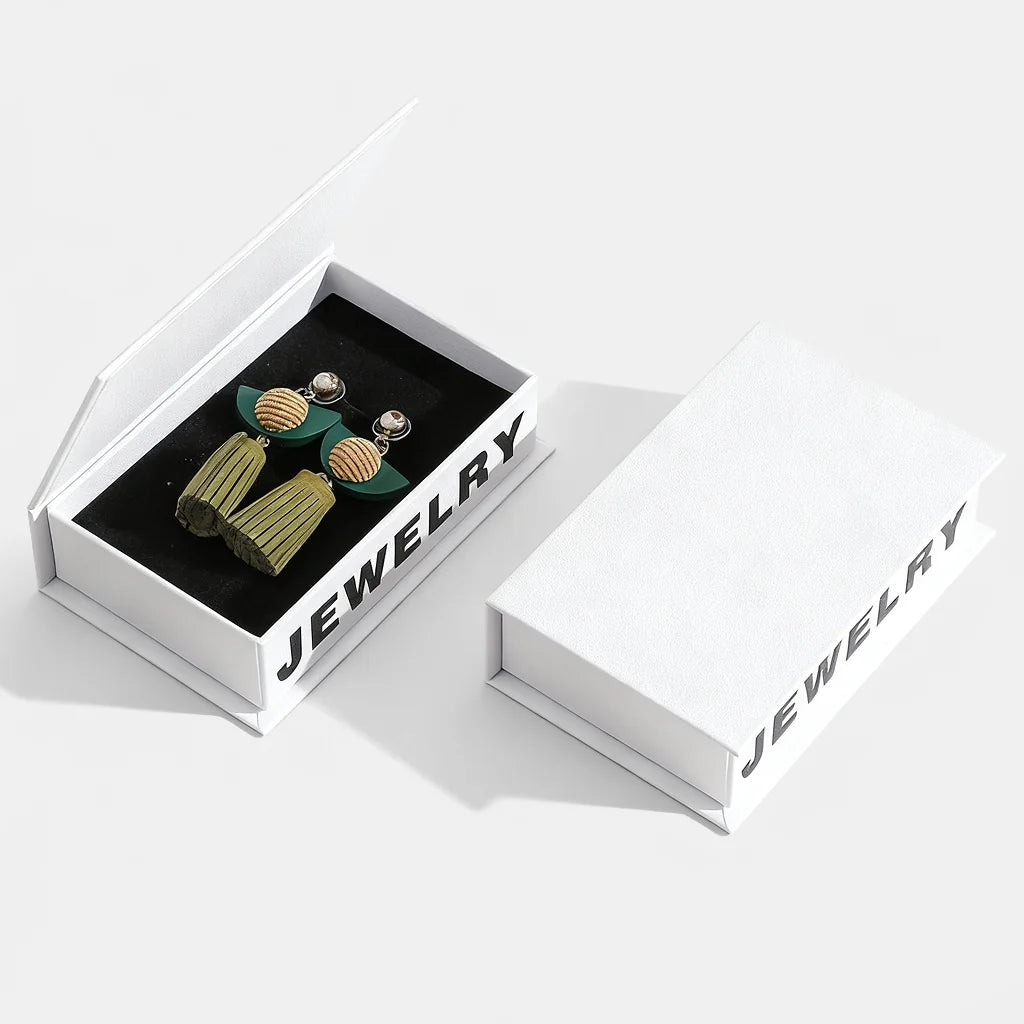 book style flip top jewelry packaging for ring, pendants, earrings - foiling available