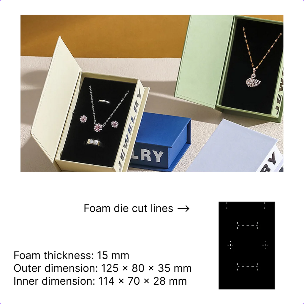 book style flip top jewelry packaging for ring, pendants, earrings - foiling available