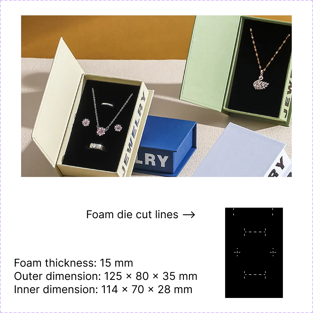 book style flip top jewelry packaging for ring, pendants, earrings - foiling available