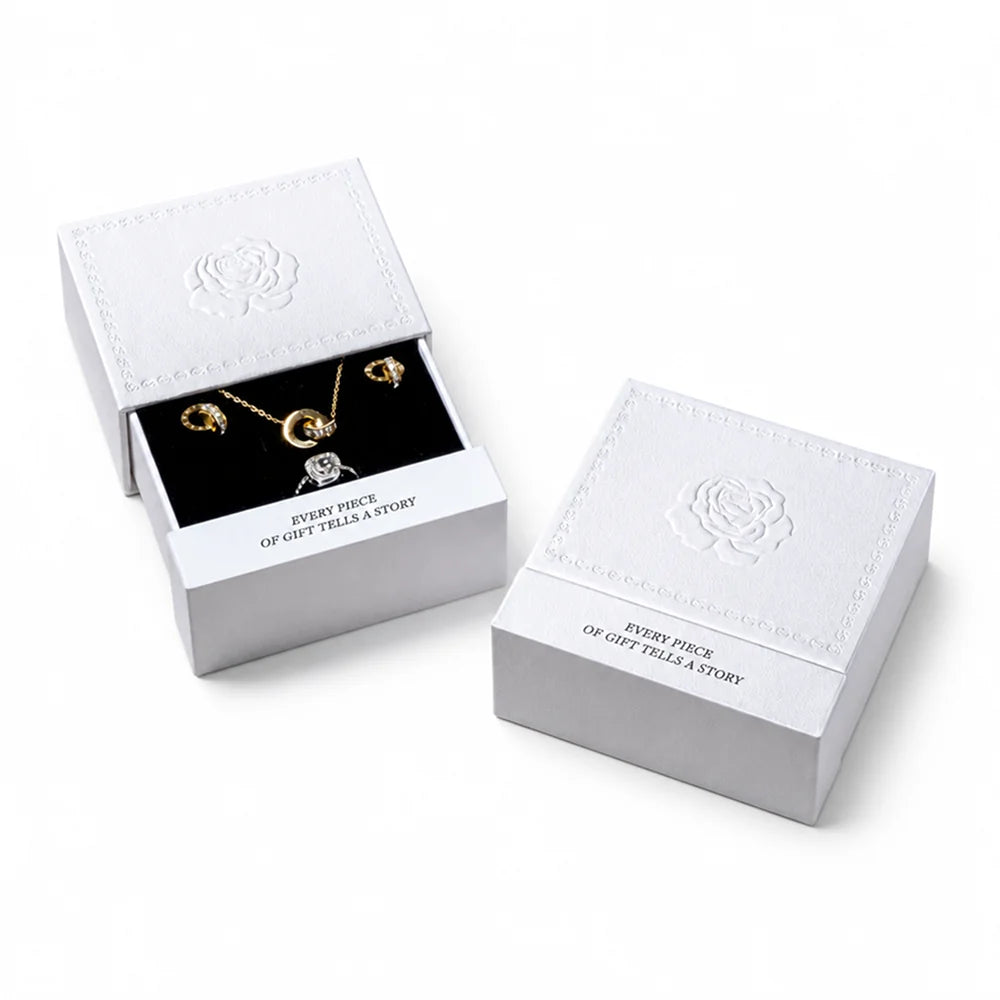 white luxury jewelry packaging with embossing rose - drawer box