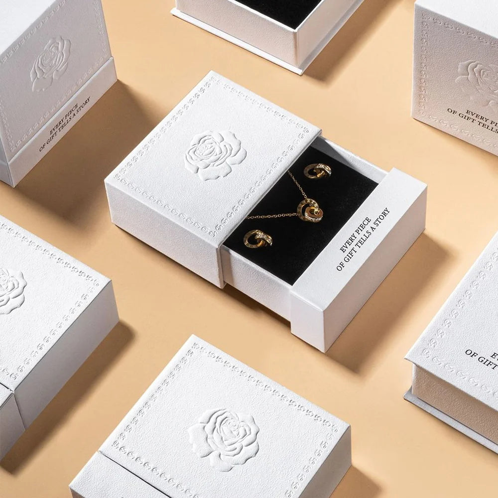white luxury jewelry packaging with embossing rose - drawer box