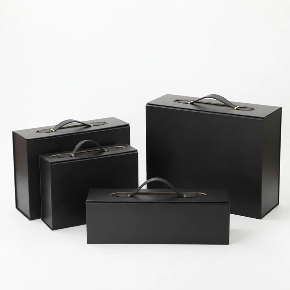 black magnetic box with handle for gift packaging